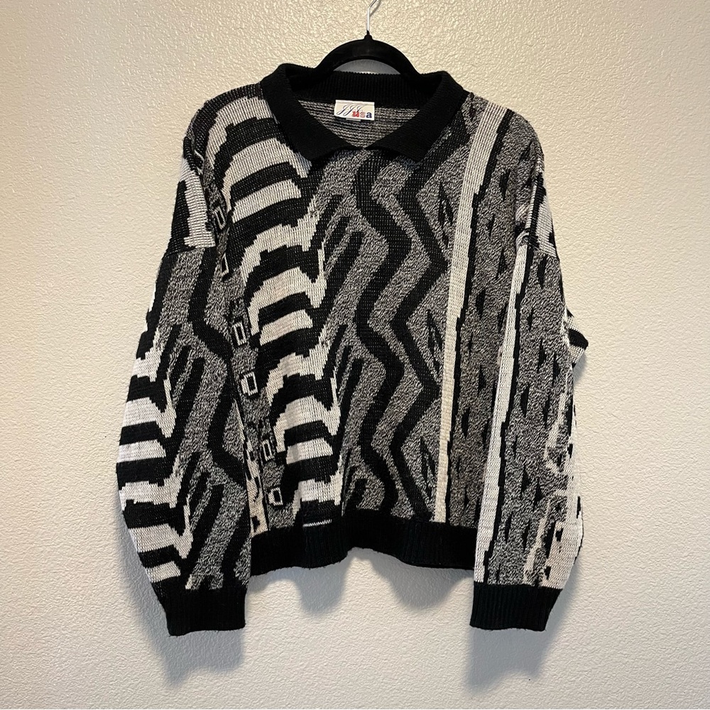 Vintage J.J.J Abstract Geometric Pattern USA Made Collared Sweater Size Large